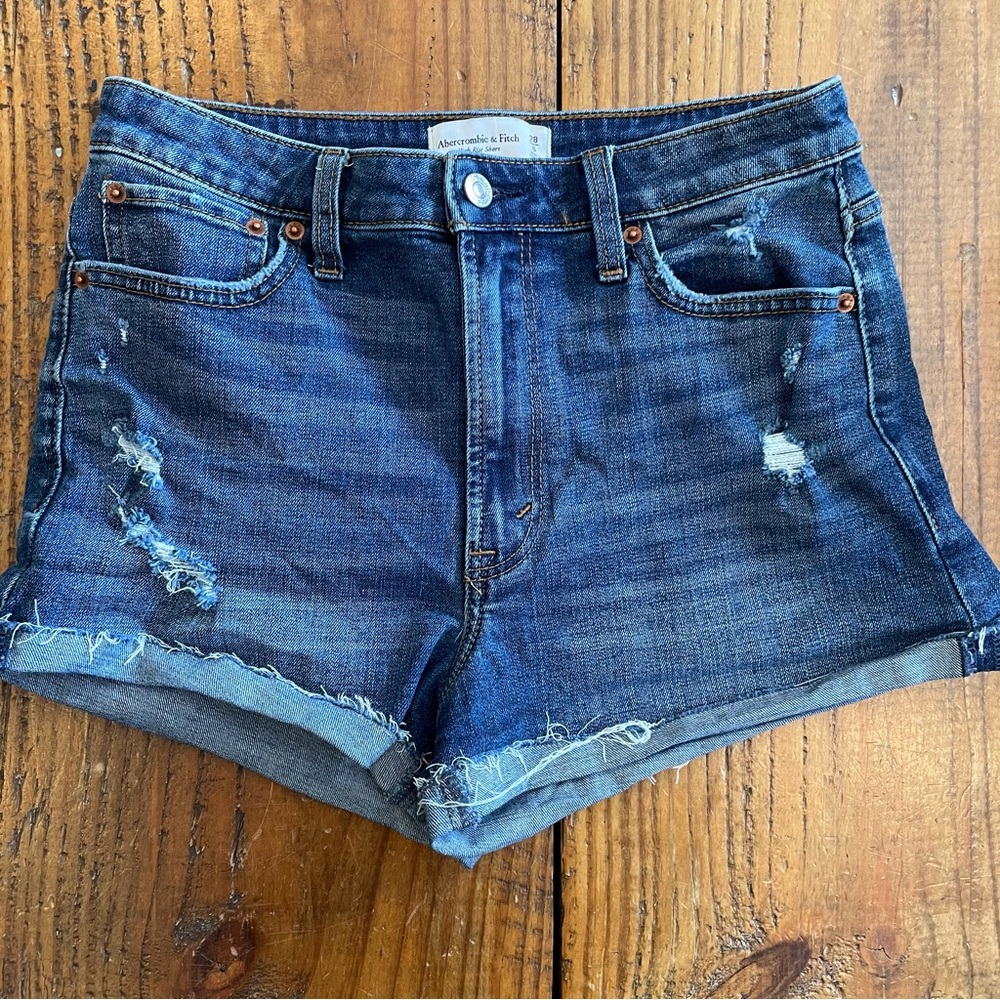 Abercrombie & Fitch Denim Jean Shorts Dark Wash Distressed Stretch Size 28 6